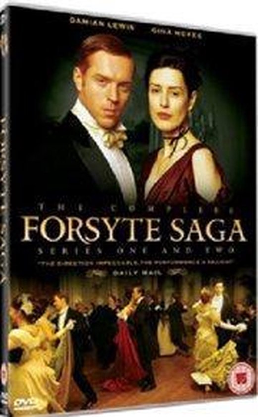 Hoes van de dvd The Complete Forsyte Saga, Series One and Two, met Damian Lewis en Gina McKee, en scènes van een bal.