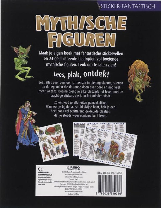 Boek 'Mythische Figuren' met illustraties van mythische wezens, tovenaar en stickerpagina's.