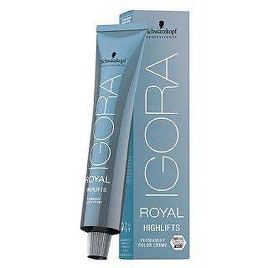 Blauwe en zilverkleurige verpakking en tube IGORA ROYAL HIGHLIFTS, permanente kleurcrème.