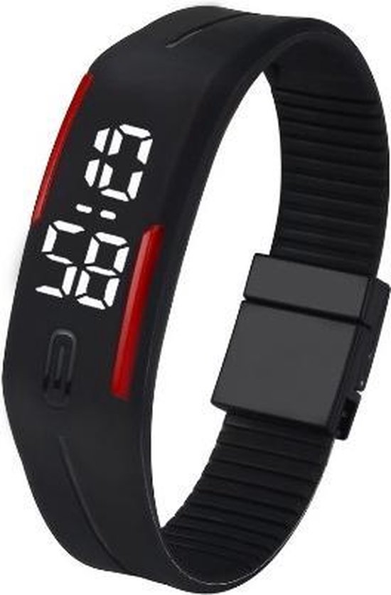 LED Horloge GADGET (valt groot) Kinderen Tieners - Rubber - 20 mm – Zwart/ Rood – geschikt vanaf 12 jaar - I-deLuxe verpakking - I-deLuxe