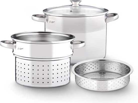 Lamart Pasta | 3 dlg Pasta Pan | ø22cm / 6 Liter | Ersteklas Roestvrij Staal RVS 18/0 | Stoompot Functie | Glazen Deksel | Alle Soorten Kookplaten | 3 Jaar Garantie