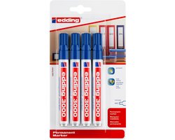 edding 3000 permanent marker - blauw - 4 stiften - ronde punt 1,5-3 mm - water en wrijfvast - voor karton, kunststof, hout, metaal, etc. - alcohol markers voor volwassenen
