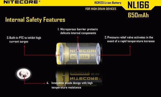 NiteCore NL166 Pile rechargeable spéciale 16340 Li-Ion 3.7 V 650 mAh