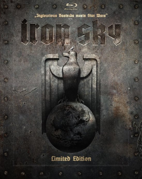 Iron Sky Blu-ray Limited Edition: metalen hoes met adelaar en wereldbol, tekst 'Inglourious Basterds meets Star Wars' en 'Limited Edition'.