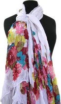 Witte dames sjaal met kleurrijke bloemen gekreukt viscose 110 x 180 cm