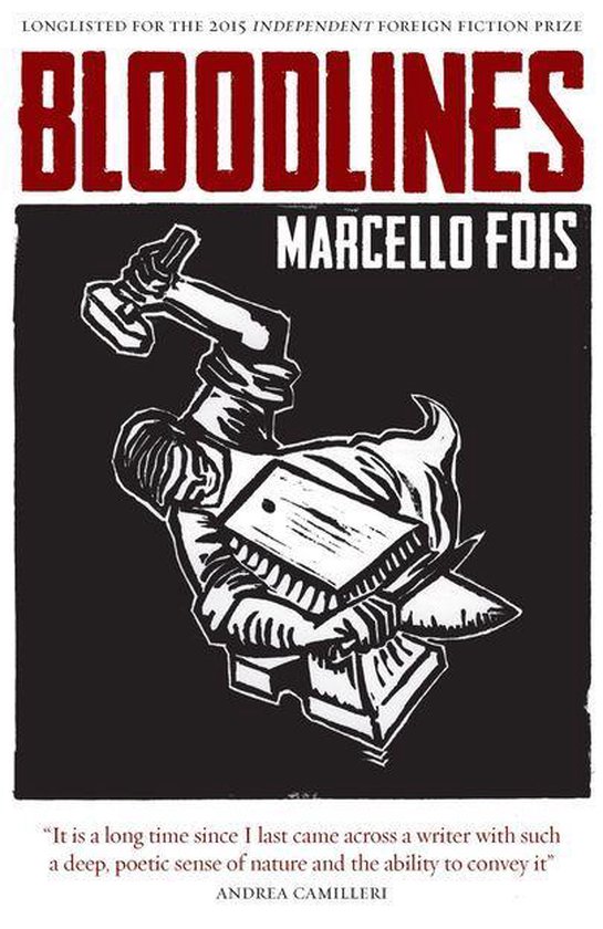 Boekkaft 'Bloodlines' van Marcello Fois, met een illustratie van een man die een steen vasthoudt. Langsgenomineerd voor de 2015 Independent Foreign Fiction Prize.