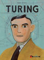 Boek 'Turing' met illustratie van Alan Turing in een bruine jas en blauwe achtergrond met draden.