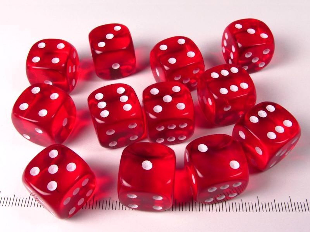 Chessex Doorschijnend Rood/wit D6 16mm Dobbelsteen Set (12 stuks)
