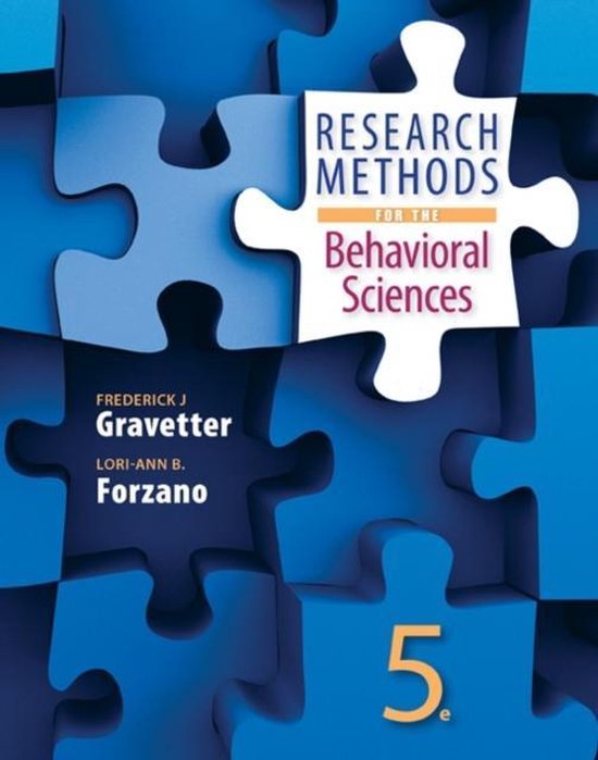 Leerboek 'Research Methods for the Behavioral Sciences', 5e druk, met een blauwe puzzelstukjesachtergrond.
