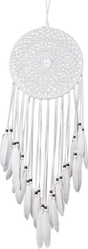 Handgemaakte Dromen Vanger - Dream Catcher - Indianen Deco Droomvanger Kralen Veren – Wit - 80CM