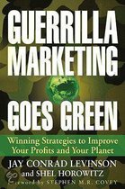 Boek 'Guerrilla Marketing Goes Green' met groene camouflage achtergrond. Tekst: Winning Strategies to Improve Your Profits and Your Planet.