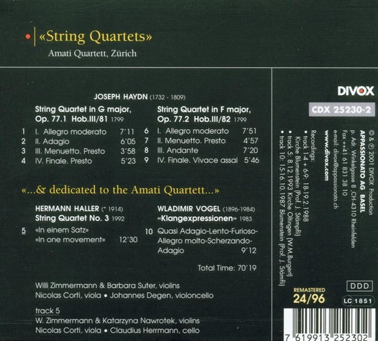 Divox. Joseph Haydn, String Quartet in G major, Op. 77.1 Hob.III/81 & String Quartet in F major, Op. 77.2 Hob.III/82. Amati Quartett.