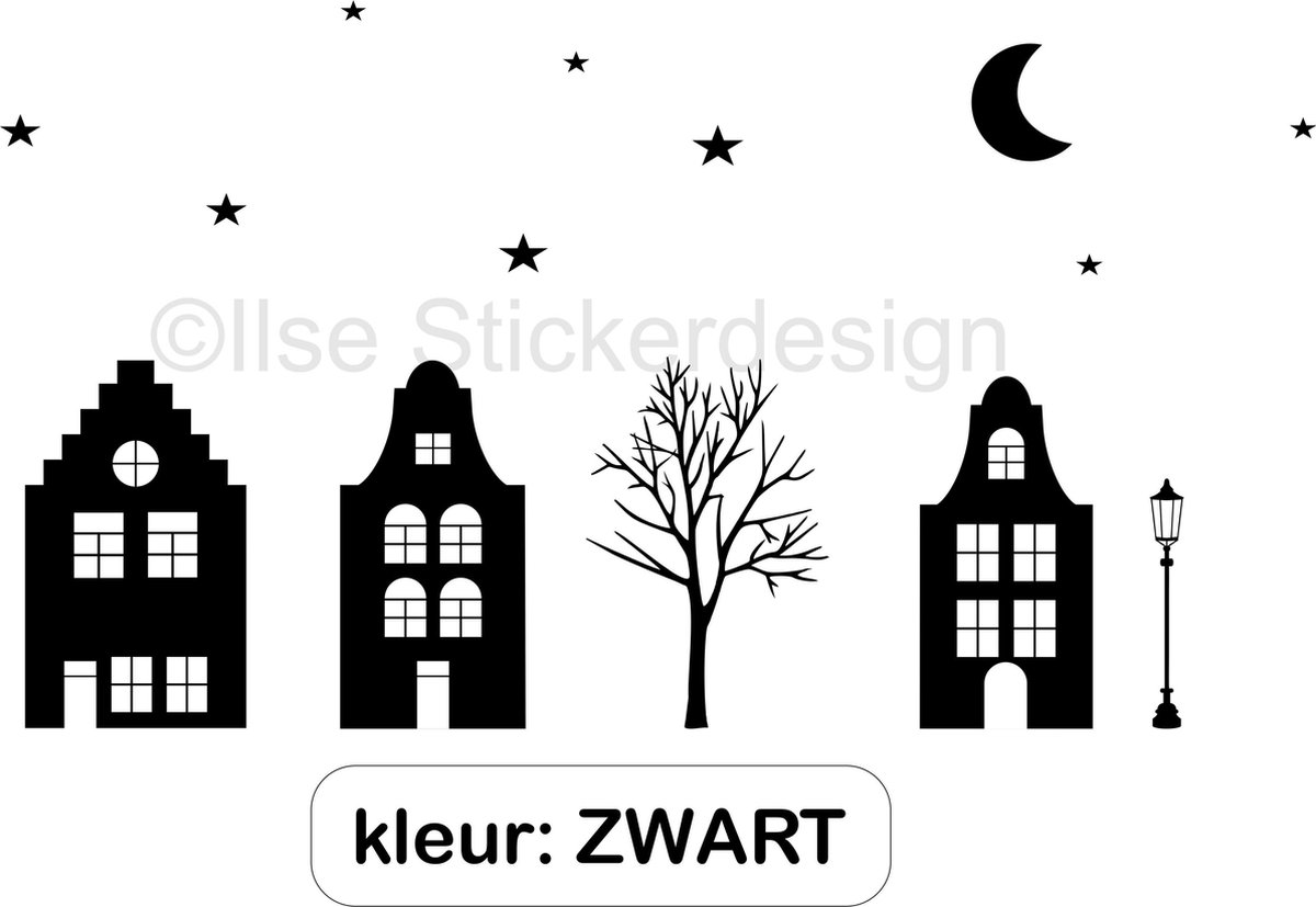 Raamsticker 'Basisstraat met 3 huizen', HERBRUIKBAAR - zwart