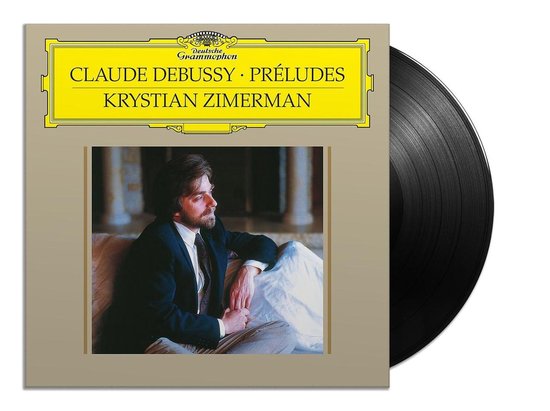 Albumhoes van Claude Debussy's Préludes met een zwarte vinylplaat die rechts uitsteekt.