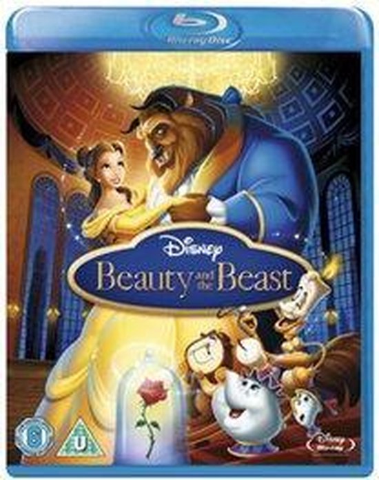 De cover van de Blu-ray disc van Disney's Belle en het Beest toont Belle in haar gele baljurk, dansend met het Beest in zijn blauwe jas. Lumière, Cogsworth en Mrs. Potts zijn ook te zien.