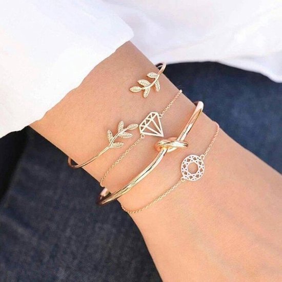 Joboly Set bracelets feuillet chignon diamant mandala 4 pièces - Dames - couleur or - 17 cm