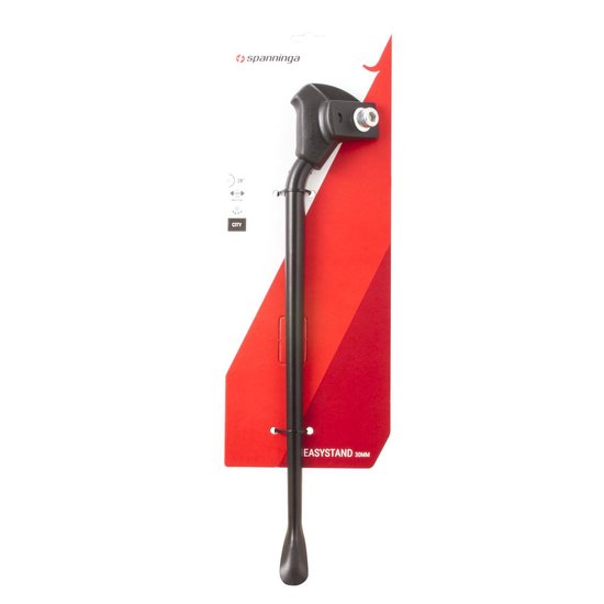 Zwarte Spanninga EasyStand fietsstandaard (30mm) voor 28" wielen, verpakt op rood karton.