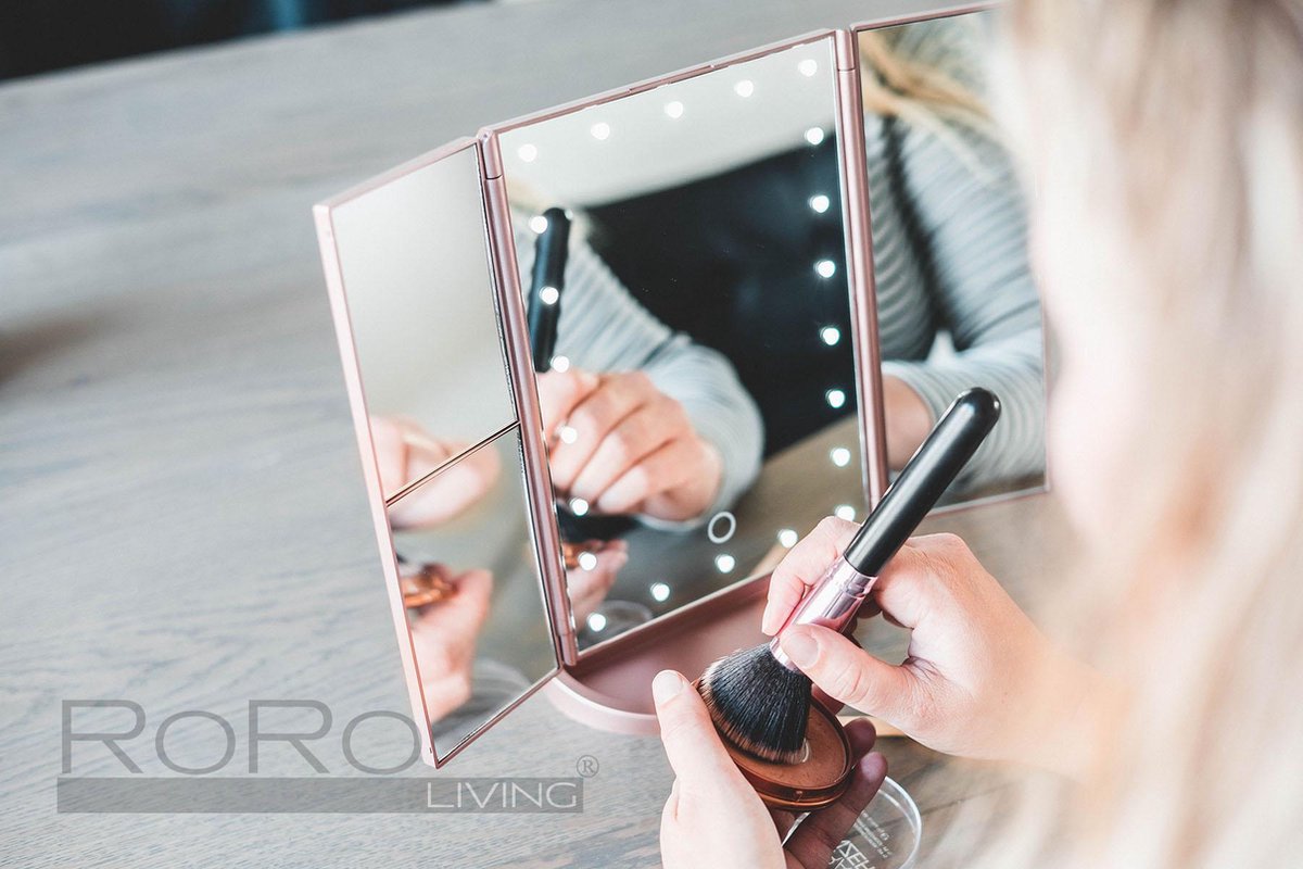 RoRo LIving rosé goud stijlvolle make-up spiegel met LED verlichting 2x en 3x vergroting inclusief batterijen en usb kabel