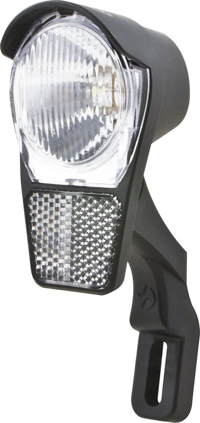 Spanninga koplamp met een gebogen zwarte beugel en reflector.