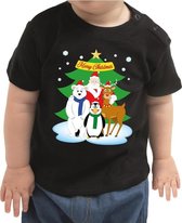 Kerst shirt / t-shirt zwart Santa/kerstman en de dierenvriendjes - voor baby / kinderen - jongen / meisje 68 (3-6 maanden)
