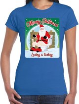 Fout Kerstshirt / t-shirt  - Merry shitmas losing a turkey - blauw voor dames - kerstkleding / kerst outfit L