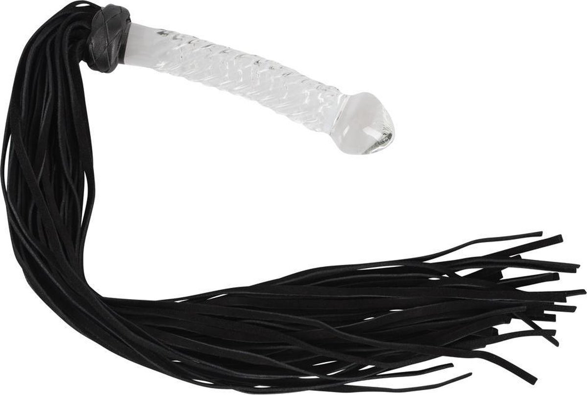 Goedkoopste Bad Kitty – 64 cm Suède Flogger Zweep met Glazen Plug als Handvat - Zwart