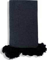 Pom pom deken – handgeweven uit wol & katoen – Donkergrijs - 1 x 2 meter - Plaid