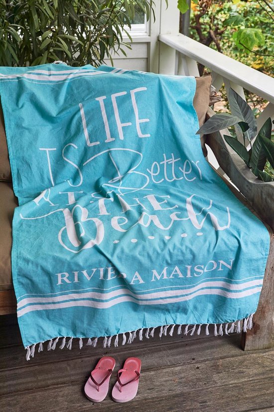 Riviera Maison Life Is Better Hammam Towel - Strandlaken - 180x100 - blauw  - Katoen | bol.com