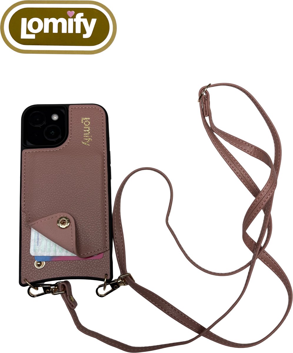 Lomify Corded Case geschikt voor de Apple iPhone 15 Plus met pasjeshouder voor 2-3 pasjes incl bijpassende strap, vegan leer Roze
