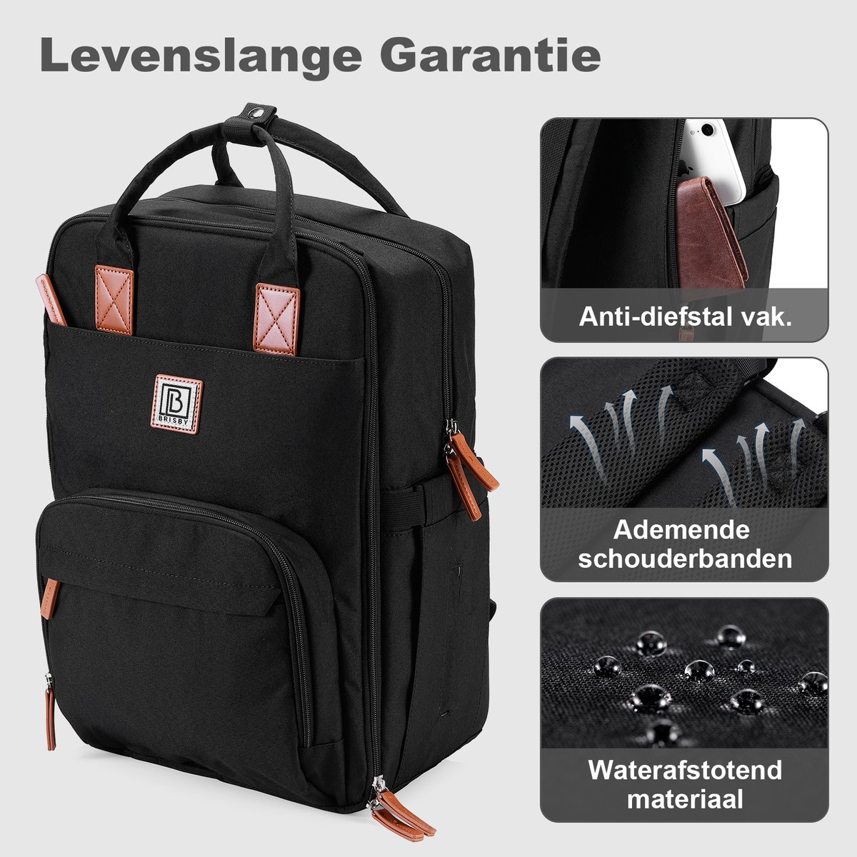 Brisby Rugzak voor Dames & Heren – Comfortabele, Waterafstotende Rugtas met Laptopvak, perfect als Schooltas, Werktas & voor op Reis. Geschikt als handbagage. Levenslange Garantie! - Zwart