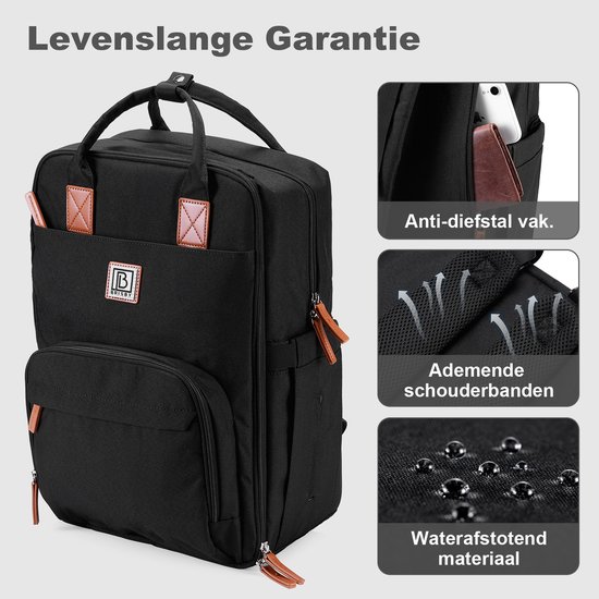 Sac à dos noir avec des accents marron, avec trois images dépliantes : compartiment antivol, bretelles respirantes et matériau hydrofuge.