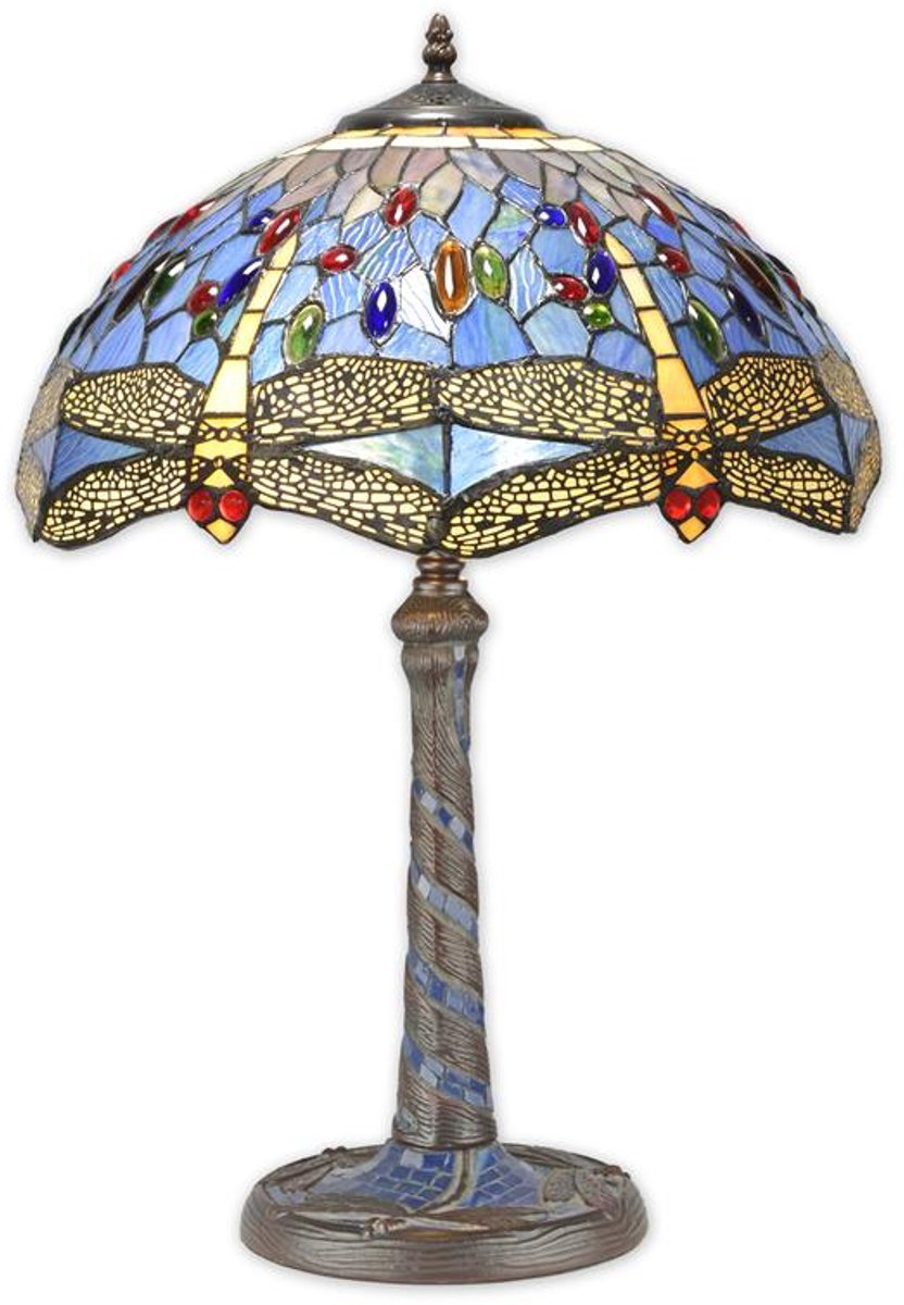 Bronzen Tiffany-stijl tafellamp (blauw) – Unieke lamp met glas-in-lood ontwerp voor een sfeervolle uitstraling in jouw interieur