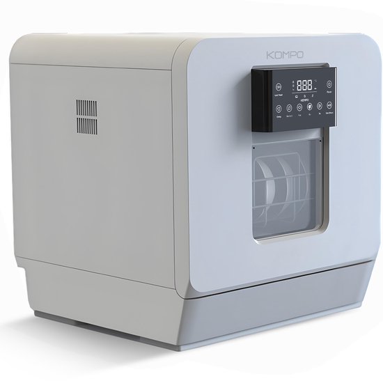 Kompo K02 - Mini Vaatwasser – 4 Couverts – Waterreservoir & Kraanaansluiting – Ingebouwde Ontkalker / Waterontharder – Energiezuinig – Stil – 5 Programma’s – Vrijstaand – Tafelmodel – Wit