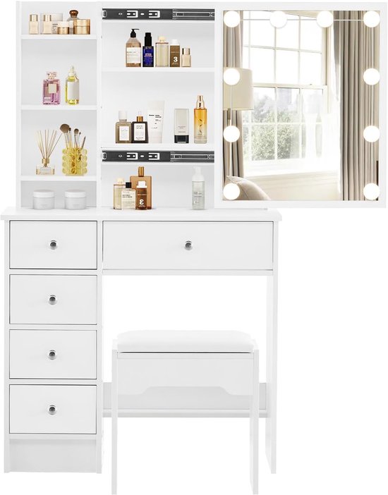 YITAHOME Make-uptafel met ledverlichting, 3 kleuren met instelbare helderheid, kaptafel met spiegel voor make-up, make-uptafel met stopcontact, 11 laden, modern, wit