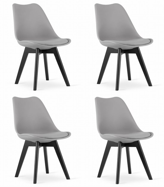 Set de 4 Chaises MARK – Grijs, Pieds en hêtre noir, assise en plastique avec coussin en similicuir, Design épuré, ergonomique, convient pour la Cuisine, la salle à manger, la cantine et l'espace de travail, max. 120 kg