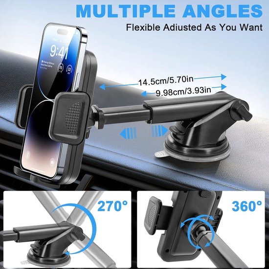 CINDRO Universele Autohouder – Sterke Zuignap, 360° Draaibaar, Verlengbare Arm, Past Op Dashboard En Voorruit