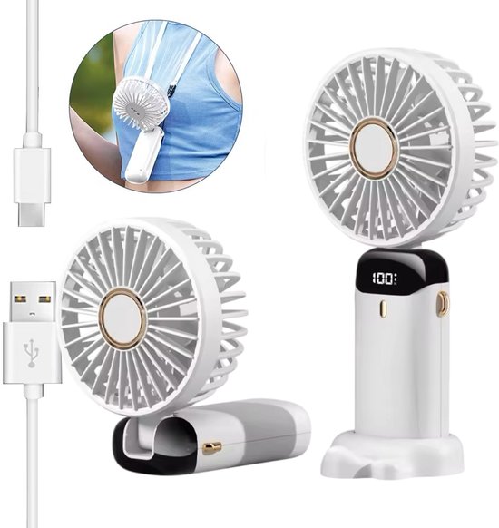 Mini Ventilator Draagbaar Oplaadbaar USB 5 Snelheden Handventilator Compact Stil Wit Goud