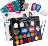 CREACOL Schminkset - 16 Kleuren Schmink Kinderen - Grime Schmink - Grimas Schmink +Haarkrijt en Glitters (biologisch)