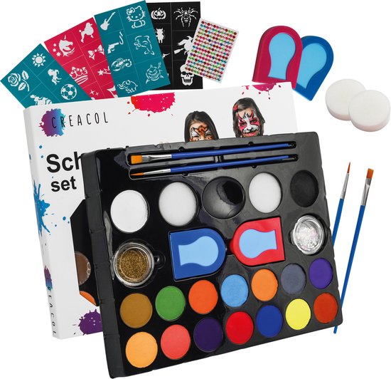 CREACOL Halloween Make up - 16 Kleuren Halloween Schmink Kinderen - Schminkset - Grimas Schmink - Haarkrijt & Glitters