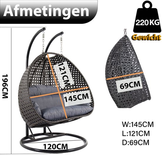 Hangstoel Dubai met Weerhoes - Zwart frame - met Luxe Kussen -146*70*124 - Luxe 2 persoons schommelstoel