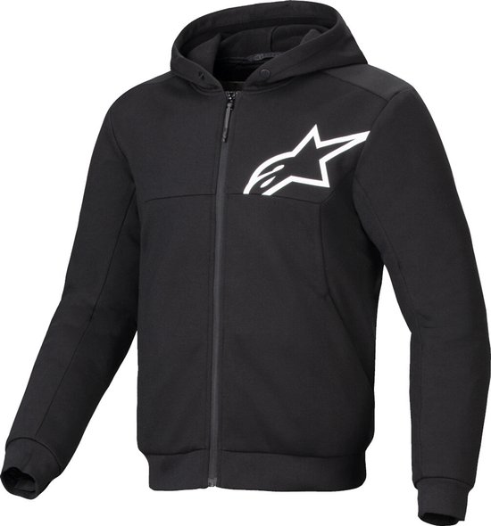 Veste à capuche noire zippée avec une étoile Alpinestars blanche sur la poitrine gauche.