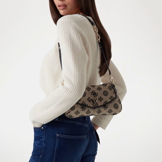 GUESS Sac à épaule Beyza Flap Shoulder Bag Black Logo Beige