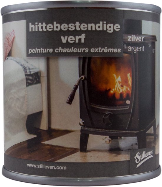 Blik hittebestendige verf, zilverkleurig, met afbeelding van een brandende houtkachel.