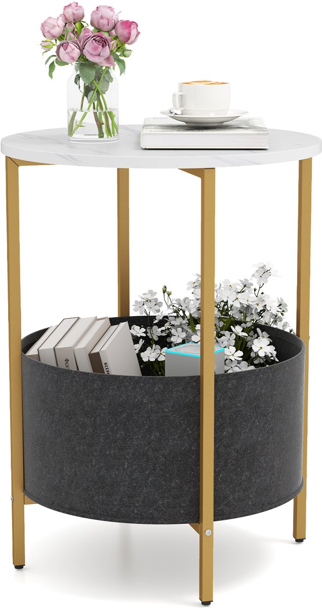 Costway Bijzettafel rond, kleine tafel, woonkamertafel met stoffen mand, nachtkastje modern, 2 niveaus salontafel klein, metalen frame, voor woonkamer slaapkamer (wit)