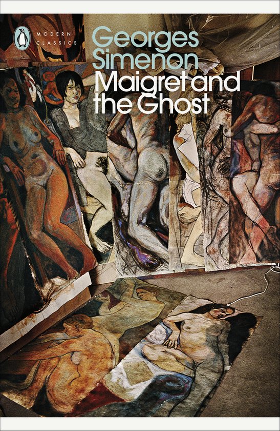 Boekcover met de titel 'Georges Simenon Maigret and the Ghost' en schilderijen van naakte figuren.