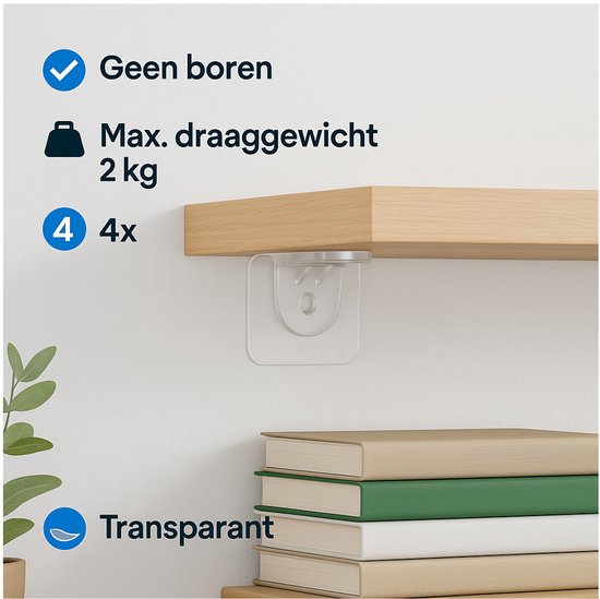 FSW Products – 4x Transparante Zelfklevende Plankdragers – Kunststof Kastplank Haken – Geen Boren Nodig