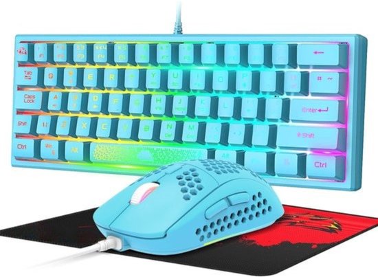 StayPowered 60% Gaming Toetsenbord Set - De Essentie van Gaming in één Compacte Set! - Instelbare Verlichting - Ergonomisch en Compact Design - met Ultralichte Muis & Muismat - Complete Gaming Set - Blauw - Levering Sneller dan Aangegeven!
