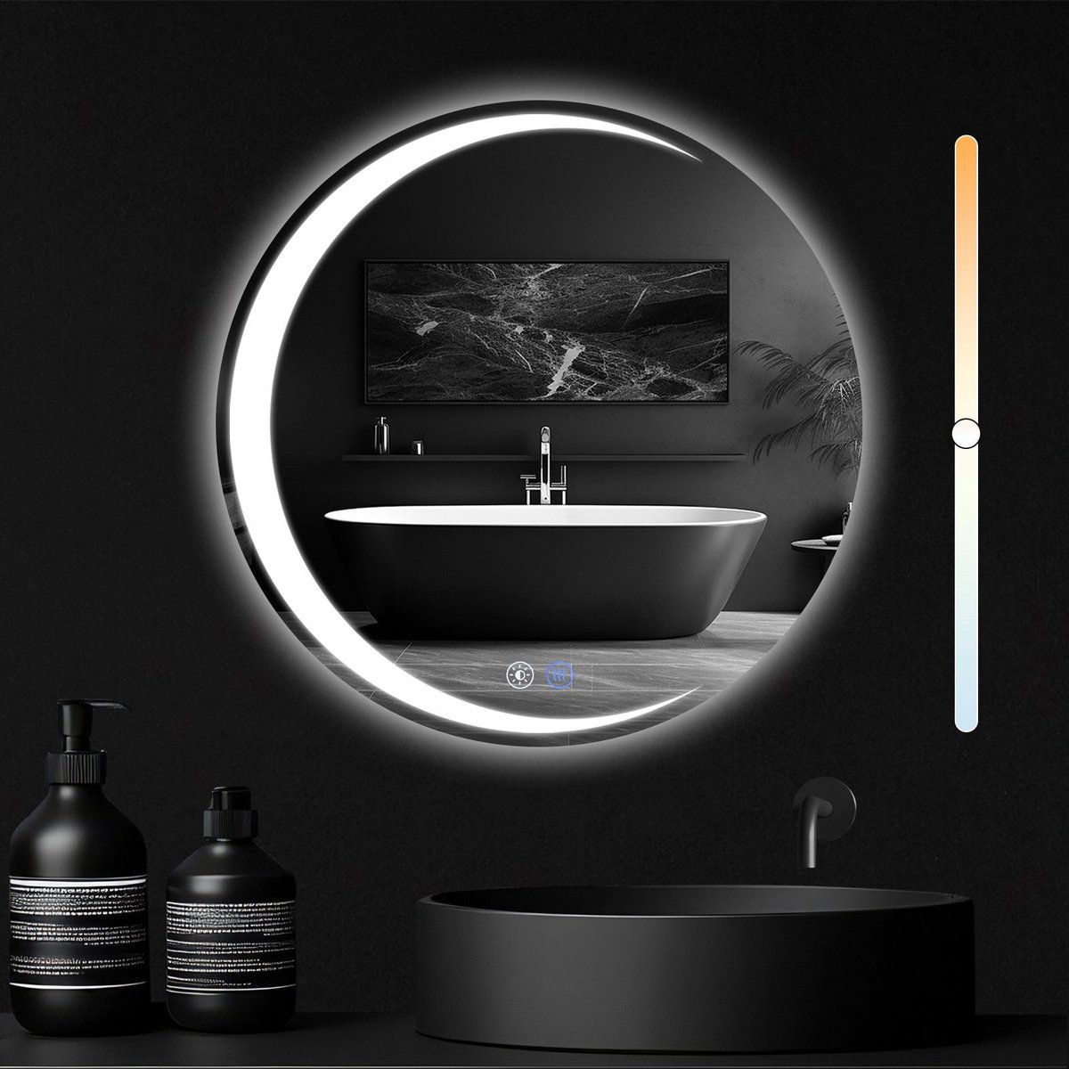 NETTLIFE Badkamerspiegel met LED Verlichting - Dimbaar - LED badkamerspiegel IP44 - 3 LED standen - Ronde - Wandspiegel met touch switch - Nikkel - 60cm