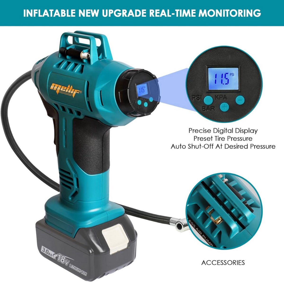 Compresseur D'Air Sans Fil Pour Batterie Makita 18V - Gonfleur Portable Avec Manomètre Digital Et LED