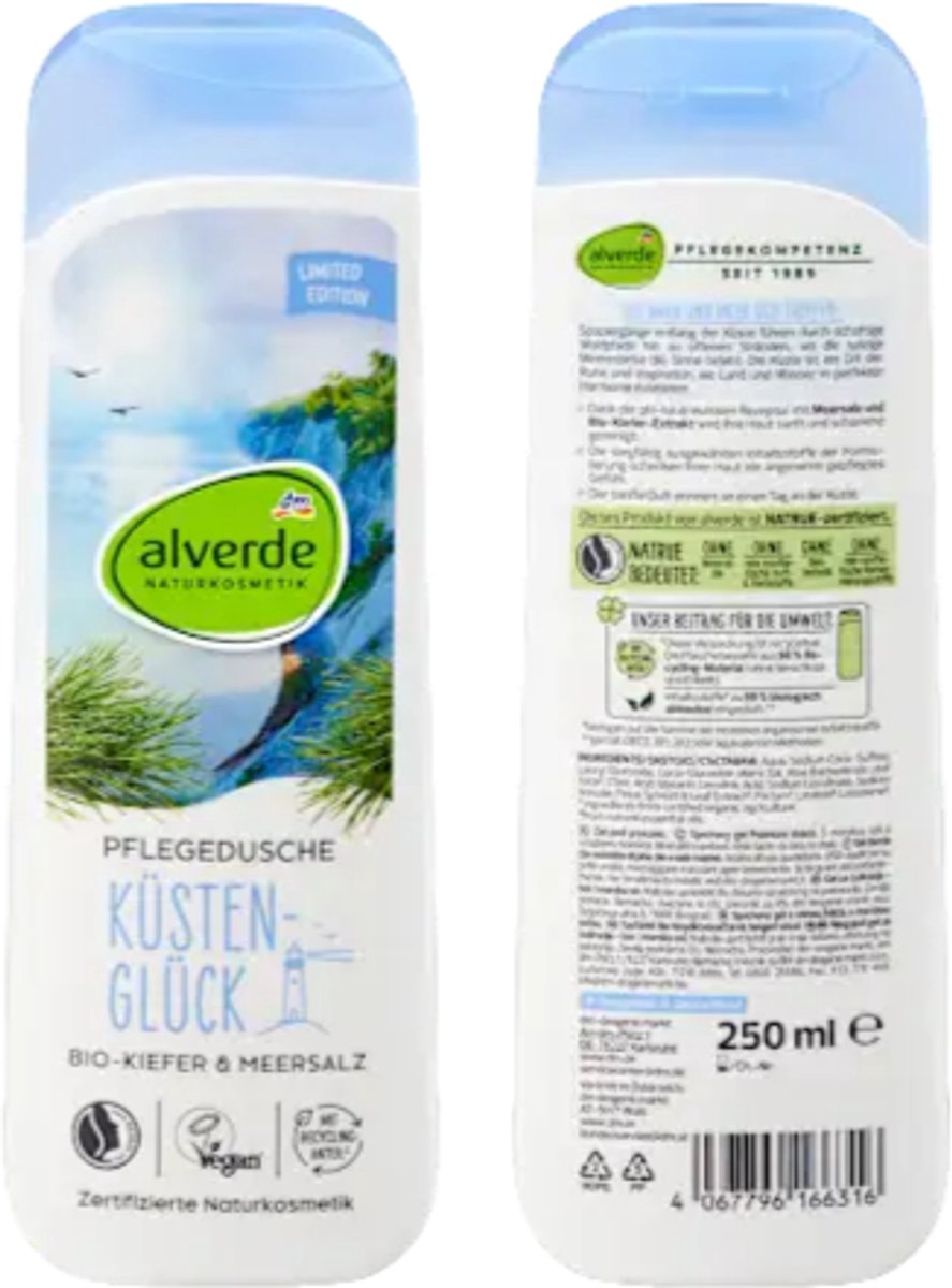 Alverde Naturkosmetik Douchegel Küstenglück | 1x 250 ml - Kust geluk - Formule met Zeezout & Organische Den | Limited Edition 2025